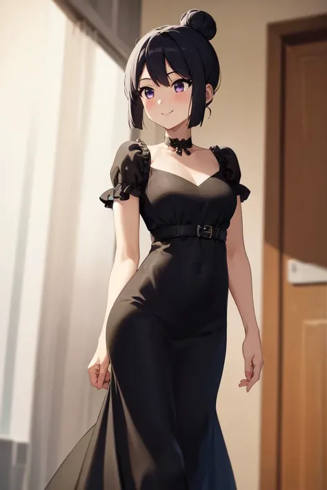 masterpiece, best quality, absurdres, perfect anatomy, 1girl, solo, Kousaka Reine, hair bun, elegant, long dress, (black dress), halterneck, smile, indoors, palace, standing, <lora:KousakaReina:1.0>