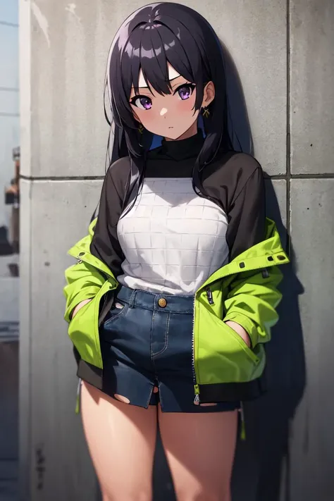 masterpiece, best quality, absurdres, perfect anatomy, 1girl, solo, Kousaka Reine, long hair, earrings, sharp eyes, choker, neon shirt, torn legwear, open jacket, turtleneck sweater, night, against wall, brick wall, graffiti, dim lighting, alley, looking at viewer, <lora:KousakaReina:1.0>
