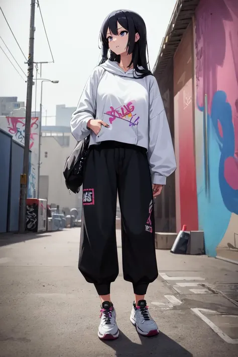masterpiece, best quality, absurdres, perfect anatomy, 1girl, solo, Kousaka Reine, long hair, urban and street style, graffiti-inspired colors, cool and edgy attire, baggy pants, oversized hoodie, stylish sneakers, fashionable accessories, hip hop jewelry, confident expression, graffiti walls, energetic and vibrant atmosphere, <lora:KousakaReina:1.0>