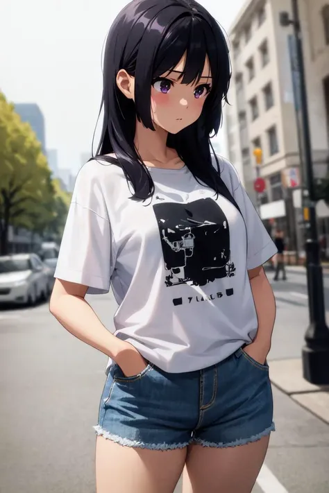 masterpiece, best quality, absurdres, perfect anatomy, 1girl, solo, Kousaka Reine, long hair, graphic tee, denim shorts, standing, outdoors, city, hands in pockets, <lora:KousakaReina:1>