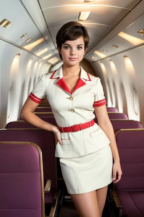 UshGl4TTXV1A,
a beautiful woman posing for masterpiece photo in formal stewardess uniform, (luxery 1960s airplane interior ambience:1.2), (flight attendant outfit:1.2), (very short hair:1.2) (pixie cut hairstyle:1.2),
, (Hasselblad X1D II Digital), (professional photo shooting), (model pose), (highly detailed facial features),
(perfect color grading), (natural light), (high quality photography), (intricate details), (8k), (HDR), (sharp focus), (medium view:1.2)