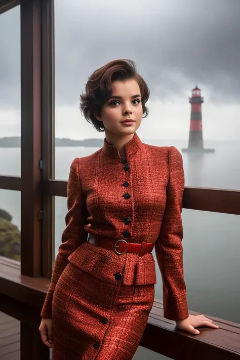 UshGl4TTXV1A,
a beautiful woman posing for masterpiece photo, wears red-colored tweed dress, stands at the edge of a fog-shrouded dock, their silhouette outlined against the flickering glow of a distant lighthouse, (stormy weather:1.2), (foggy night ambience:1.3)
(Hasselblad X1D II Digital), (professional photo shooting), (model pose), (highly detailed facial features),
(perfect color grading), (natural light), (high quality photography), (intricate details), (8k), (HDR), (sharp focus), (medium view:1.2)