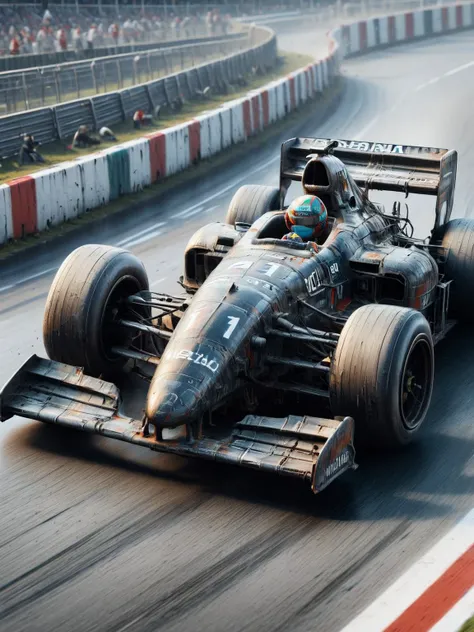 An ais-olde f1 car, racing down the track <lora:Old_Style_SDXL:1>