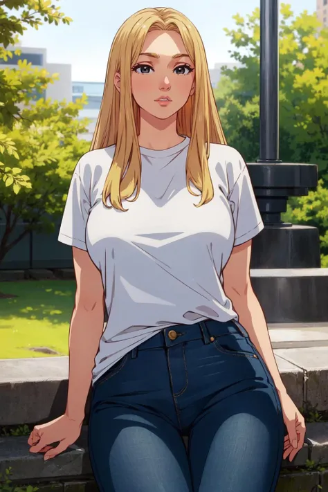 (masterpiece:1.2, best quality:1.2, beautiful:1.1, high quality, 4k:1.1, aesthetic), detailed, extremely detailed, ambient soft lighting, flawless, hires, 1girl, big breasts, solo, t-shirt, jeans, blonde hair, long hair, black eyes, park, <lora:fizzz:0.85>