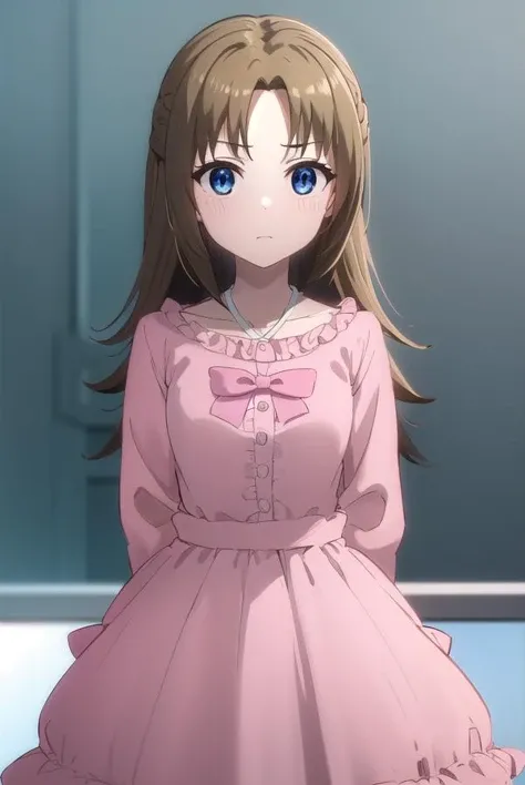 ringosugisaki, <lora:ringo sugisaki s2-lora-nochekaiser:1>,
ringo sugisaki, long hair, blue eyes, brown hair, half updo, (parted bangs:1.5),
BREAK long sleeves, dress, bow, bowtie, frills, skirt, (pink dress:1.3), white skirt, collarbone,
BREAK indoors, classroom,
BREAK looking at viewer, (cowboy shot:1.5),
BREAK <lyco:GoodHands-beta2:1>, (masterpiece:1.2), best quality, high resolution, unity 8k wallpaper, (illustration:0.8), (beautiful detailed eyes:1.6), extremely detailed face, perfect lighting, extremely detailed CG, (perfect hands, perfect anatomy),