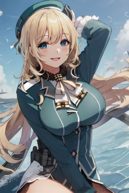 best quality, masterpiece, 1girl, (solo:1.1),from above,, raytracing, ultra detailed,detailed face, 8k wallpaper, wide hips,medium breasts ,
(light smile:1.4),
atago_kantaicollection, blonde_hair, long_hair, hat, breasts, blush, large_breasts, smile, beret, open_mouth, military, green_eyes, blue_eyes