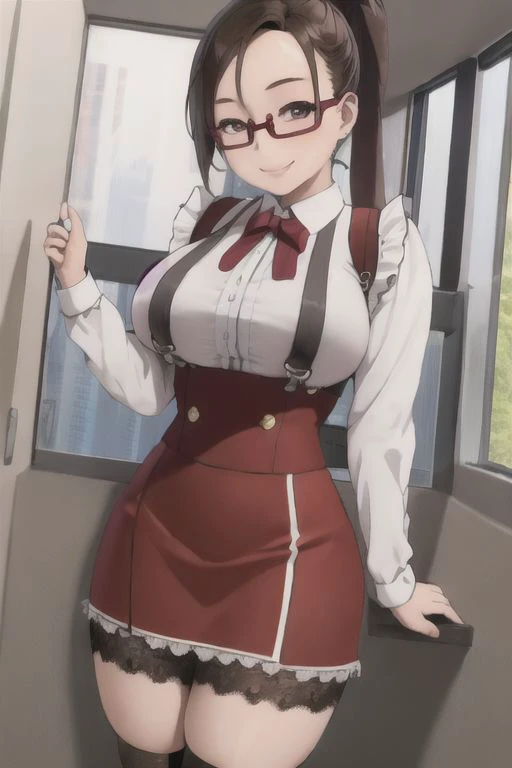 nsfw,best quality, masterpiece, 1girl, (solo:1.1), raytracing, ultra detailed,detailed face, 8k wallpaper, wide hips,large breasts , (smile:1.4), office lady, middle hair, ponytail, brown hair,side braid, blouse, underbust, suspender skirt, lace legwear, sato, glasses, red-framed eyewear, under-rim eyewear