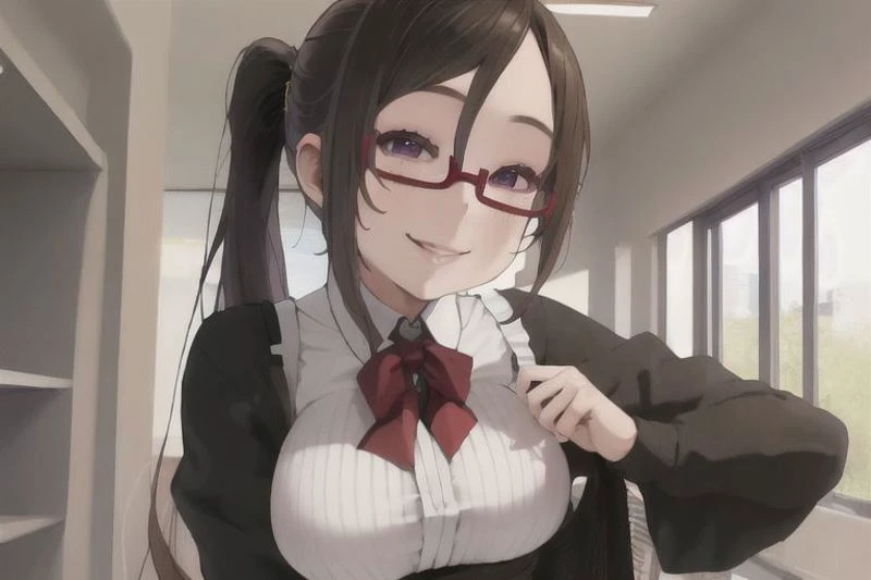 nsfw,best quality, masterpiece, 1girl, (solo:1.1), raytracing, ultra detailed,detailed face, 8k wallpaper, wide hips,large breasts ,  (smile:1.4), office lady, middle hair, ponytail, brown hair,side braid, blouse, underbust, suspender skirt, lace legwear, sato, glasses, red-framed eyewear, under-rim eyewear