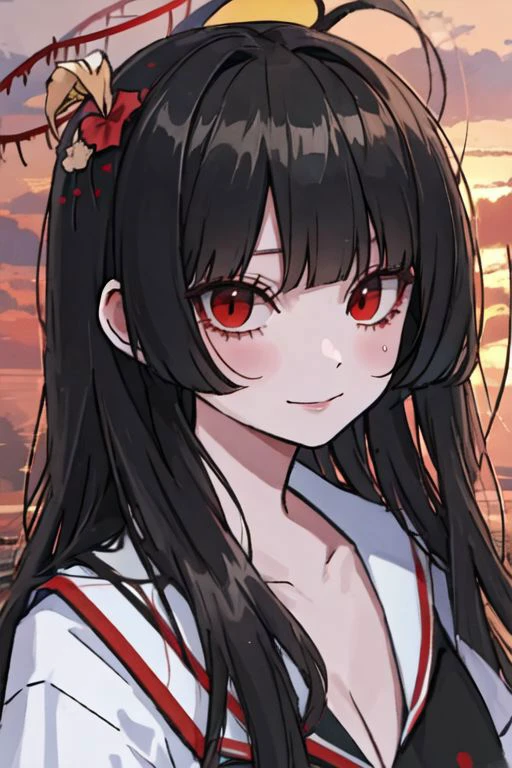tsurugi_bluearchive,bangs, black_hair, long_hair, red_eyes, halo, blush, breasts, blunt_bangs, wings, large_breasts, very_long_hair, cleavage, collarbone, smile, hair_ornament, hair_flower,
,skindantation,
(best quality, masterpiece), unity 8k wallpaper,official art,extremely detailed CG,,face focus,eye focus,(sunset hospital:1.2), looking at viewer,(portrait:1.4),evil smile ,