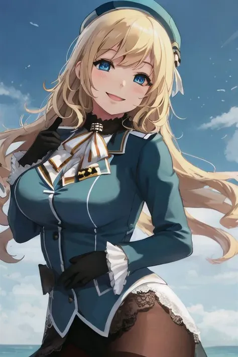 best quality, masterpiece, 1girl, (solo:1.1),from above,, raytracing, ultra detailed,detailed face, 8k wallpaper, wide hips,medium breasts ,
(light smile:1.4), 
atago_kantaicollection, blonde_hair, long_hair, hat, breasts, blush, large_breasts, smile, beret, open_mouth, military, green_eyes, blue_eyes