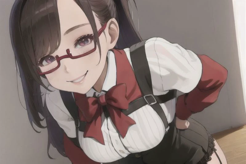 nsfw,best quality, masterpiece, 1girl, (solo:1.1), raytracing, ultra detailed,detailed face, 8k wallpaper, wide hips,large breasts ,  (smile:1.4), office lady, middle hair, ponytail, brown hair,side braid, blouse, underbust, suspender skirt, lace legwear, sato, glasses, red-framed eyewear, under-rim eyewear