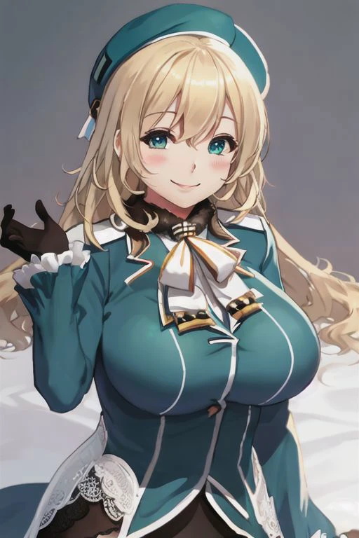 best quality, masterpiece, 1girl, (solo:1.1),from above,, raytracing, ultra detailed,detailed face, 8k wallpaper, (wide hips,huge breasts:1,4) ,
(light smile:1.4),
atago_kantaicollection, blonde_hair, long_hair, hat, breasts, blush, large_breasts, smile, beret, open_mouth, military, green_eyes, blue_eyes,((maternal)),