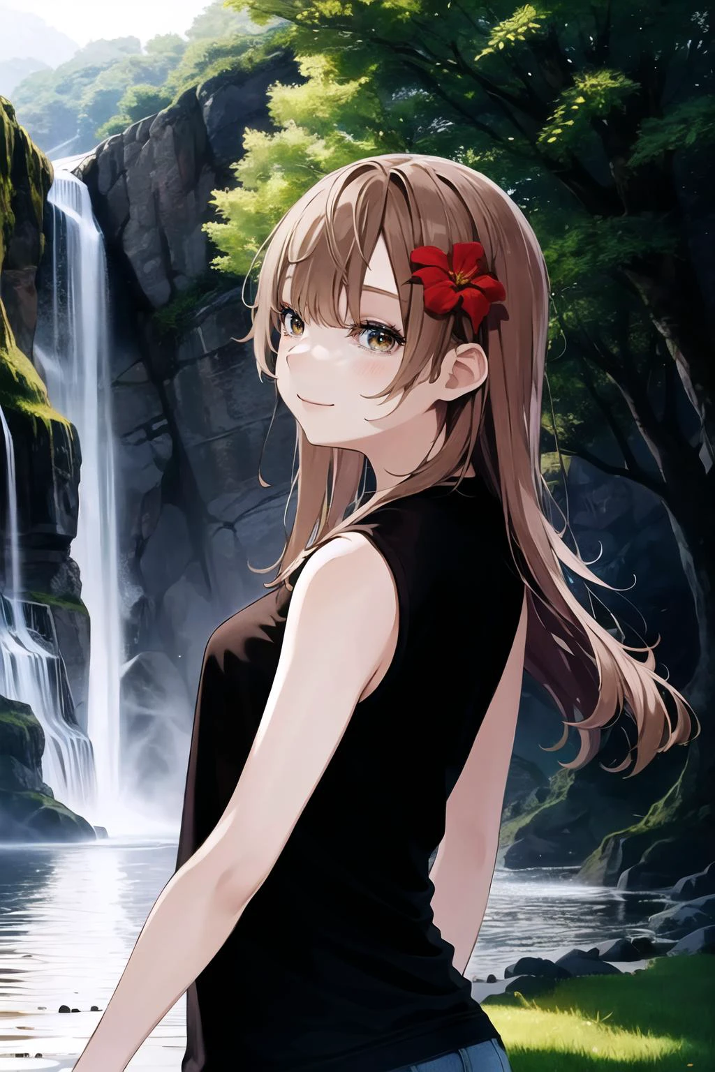 (high quality, high resolution:1.3), 4k, masterpiece, detailed background, waterfall, outdoors, grass, tree,
BREAK
<lora:Hamunezuko_Style-10:1>, 1girl, upper body, smile, long hair, shorts, blue shorts, casual clothes, hair flower, flower, red flower, yellow eyes, yellow hair, detailed face, breasts, small breasts, eyelashes, mole under eye,<lora:NoiseOffset_v2:1.0><lora:NoiseOffset_v2:1.0><lora:NoiseOffset_v2:1.0>