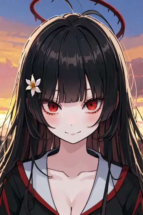 tsurugi_bluearchive,bangs, black_hair, long_hair, red_eyes, halo, blush, breasts, blunt_bangs, wings, large_breasts, very_long_hair, cleavage, collarbone, smile, hair_ornament, hair_flower,
,skindantation,
(best quality, masterpiece), unity 8k wallpaper,official art,extremely detailed CG,,face focus,eye focus,(sunset hospital:1.2), looking at viewer,(portrait:1.4),evil smile ,