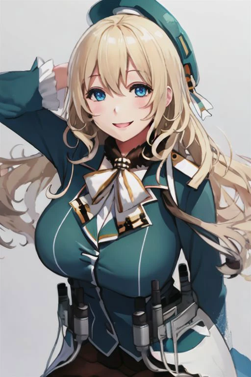 best quality, masterpiece, 1girl, (solo:1.1),from above,, raytracing, ultra detailed,detailed face, 8k wallpaper, wide hips,medium breasts ,
(light smile:1.4),
atago_kantaicollection, blonde_hair, long_hair, hat, breasts, blush, large_breasts, smile, beret, open_mouth, military, green_eyes, blue_eyes