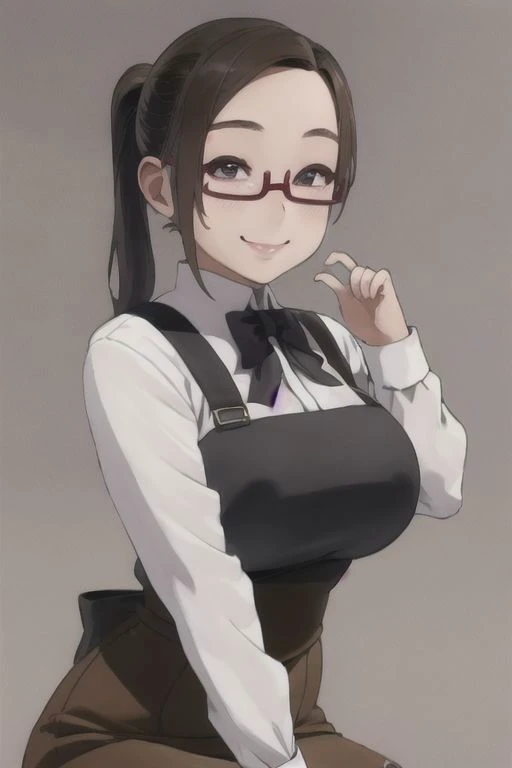 nsfw,best quality, masterpiece, 1girl, (solo:1.1), raytracing, ultra detailed,detailed face, 8k wallpaper, wide hips,large breasts , (smile:1.4), office lady, middle hair, ponytail, brown hair,side braid, blouse, underbust, suspender skirt, lace legwear, sato, glasses, red-framed eyewear, under-rim eyewear