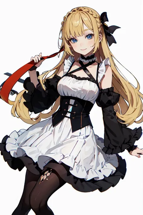 ultra detailed, masterpiece, best quality, solo, soft smile, light smile, blue theme,
1girl, blue eyes, very long hair, blonde hair, long blonde hair, french braid, bangs, medium breasts,
hair ribbon, frilled choker, criss-cross halter, sleeveless dress, high-waist skirt, backless dress, waist bow, detached sleeves, frilled sleeves, wide sleeves, pantyhose, patterned legwear, mary janes,  <lora:Hamunezuko_Style:0.75>