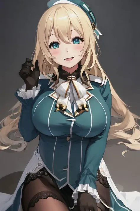 best quality, masterpiece, 1girl, (solo:1.1),from above,, raytracing, ultra detailed,detailed face, 8k wallpaper, (wide hips,huge breasts:1,4) ,
(light smile:1.4), 
atago_kantaicollection, blonde_hair, long_hair, hat, breasts, blush, large_breasts, smile, beret, open_mouth, military, green_eyes, blue_eyes,((maternal)),