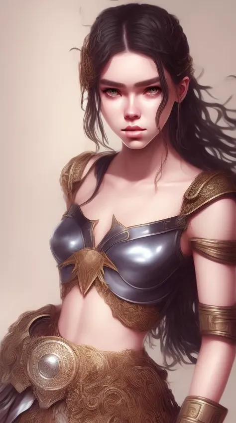 Create a composition that focuses on the young woman's body, nude, Shiny oiled skin,(( big large  breasts)), ((perfect detailed erect nipples)), perfect body, emphasizing the details of her scar, intense eyes, and the textures of her clothing. Use a dark and dramatic color palette to evoke the medieval atmosphere and accentuate her defiant and furious expression. Incorporate intricate linework and brushstrokes to showcase the scar's details and emphasize the story of resilience and strength