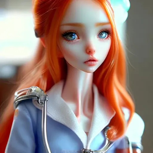 ((best quality)), ((masterpiece)), ((realistic)), (detailed), a (redhead:1.1) girl, she is wearing nurse uniform, in the hospital, highly detailed hair,
(DollsMarinaBychkova-6500:0.9)