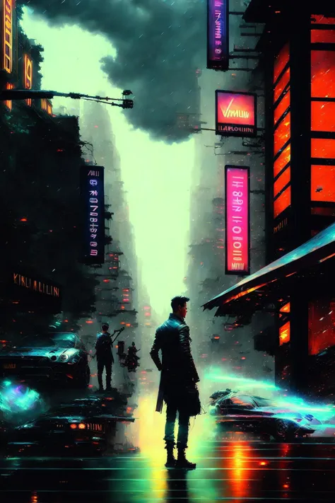 style-psycho, dreamlikeart, modelshoot style, extremely detailed CG unity 8k, full body shot photo of the most beautiful artwork in the world, male cyberpunk detective, green undercut hair, wearing intricate cyberpunk streetwear, long open trenchcoat, jeans, high leather boots, cyberware, walking down a snowing street, sexy, heavy rain drop, (backlighting), professional majestic oil painting by Atey Ghailan, by Jeremy Mann, Greg Manchess, Anthonis Mor, Studio Ghibli, ArtStation, CGSociety, Intricate, High Detail, Sharp focus, dramatic, photorealistic painting art by Midjourney and Greg Rutkowski