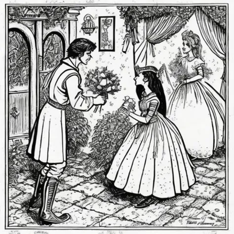 a drawing of a knight giving a princess a rose, art by quimbystyle