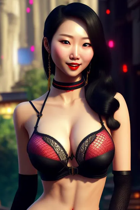 a busty korean woman with lots of makeup and red lips in a sexy transparent net black bra with a choker on her neck and a black choker around her neck, a american woman d & d, a hyperrealistic underwear with really large bust, Fan Qi, computer art, ultra realistic photo, woman with large smile and stunning big breasts, ultra realistic digital art, cinematic, colorful background, concept art, dramatic lighting, high detail, highly detailed, hyper realistic, intricate, intricate sharp details, octane render, smooth, studio lighting, trending on artstation, with perfect nipples, estilovintedois