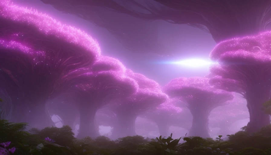 The edge of a dense, giant alien tree canopy, award winning, highly detailed, Artstation, by Disney concept artists, alien (flowers), glowing, neon