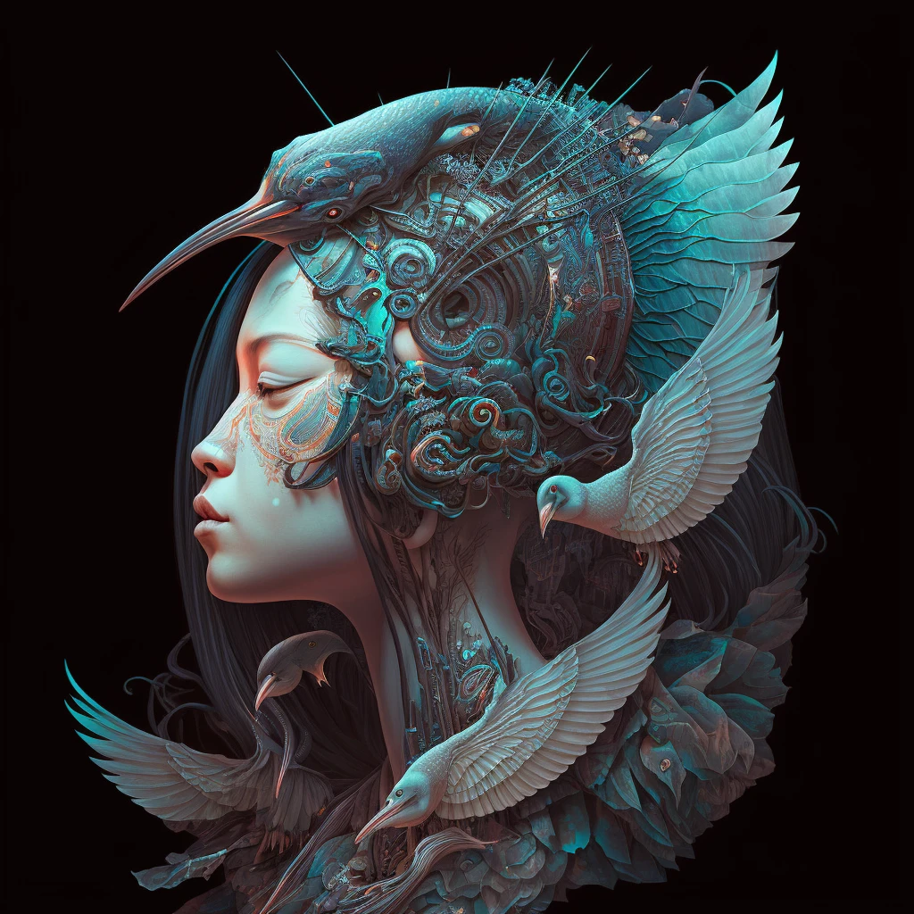 MIDJOURNEY
3 d goddess close - up profile portrait with ram skull. beautiful intricately detailed japanese crow kitsune mask and clasical japanese kimono. betta fish, jellyfish phoenix, bio luminescent, plasma, ice, water, wind, creature, artwork by tooth wu and wlop and beeple and greg rutkowski ,