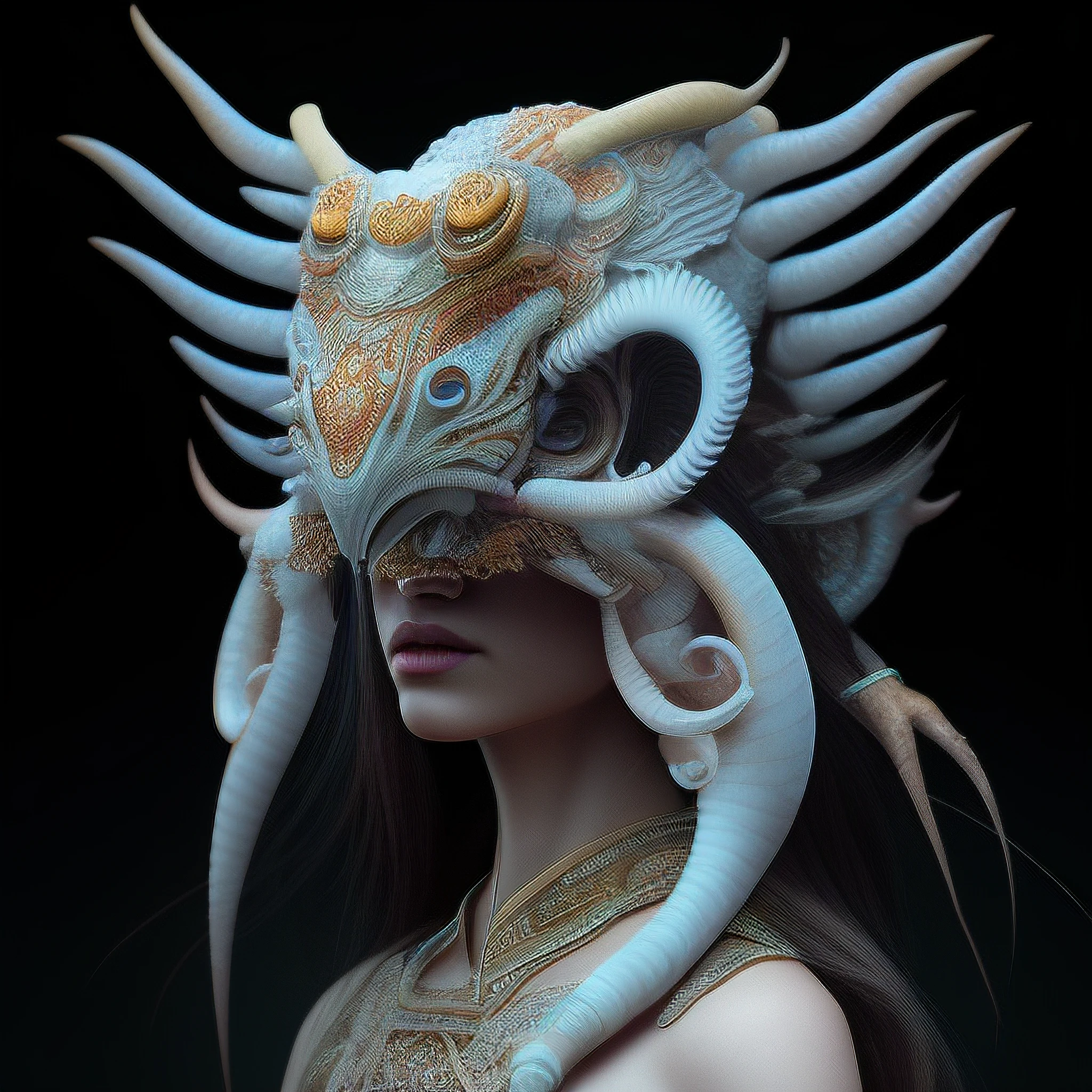 OpenJourney
3 d goddess close - up profile portrait with ram skull. beautiful intricately detailed japanese crow kitsune mask and clasical japanese kimono. betta fish, jellyfish phoenix, bio luminescent, plasma, ice, water, wind, creature, artwork by tooth wu and wlop and beeple and greg rutkowski , mdjrny-v4 style