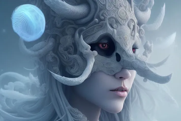 mdjrny-v4 style, goddess close - up profile portrait with ram skull. beautiful intricately detailed japanese crow kitsune mask and clasical japanese kimono. betta fish, jellyfish phoenix, bio luminescent, plasma, ice, water, wind, creature, artwork by tooth wu and wlop and beeple and greg rutkowski , mdjrny-v4 style