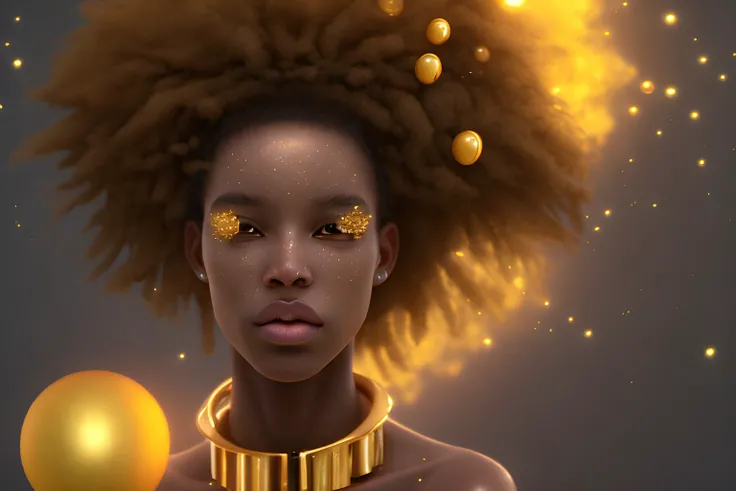 19 y.o. black woman with tangeled hairs, with golden drops on face, realistic, open space, stars, mdjrny-v4 style