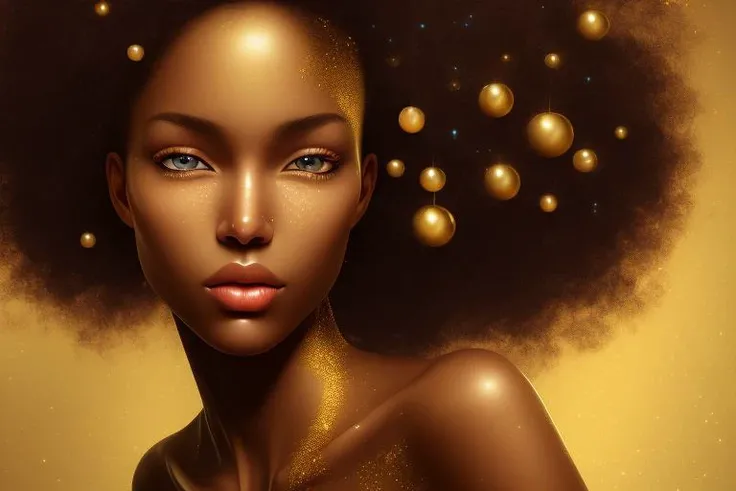 19 y.o. black woman with tangeled hairs, with golden drops on face, realistic, open space, stars, mdjrny-v4 style