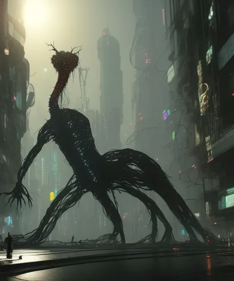 a huge naked female mutated horrifying creature thing in a cyberpunk city, wide shot, cinematic lighting