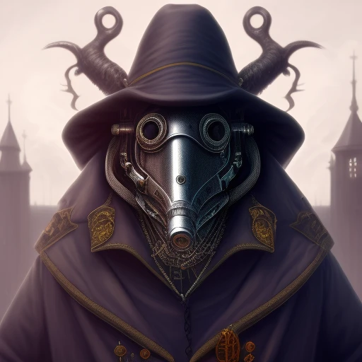 mdjrny-v4 style plague doctor, gothic style, occult, evil, depressing, villiage in background , steampunk,  detailed and intricate, digital painting, artstation, concept art, illustration, vibrant, sharp focus, f32