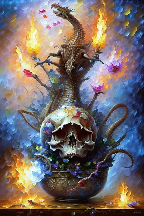 mdjrny-v4 style of  an oil painting of a flower (dragon skull:1.1) as vase  on a table with a white cloth on it and a white tablecloth,  (flying skull moths:1.1),  impressionist painting,  vivid,  painting by (Leonid Afremov:1.2), Patrice Murciano