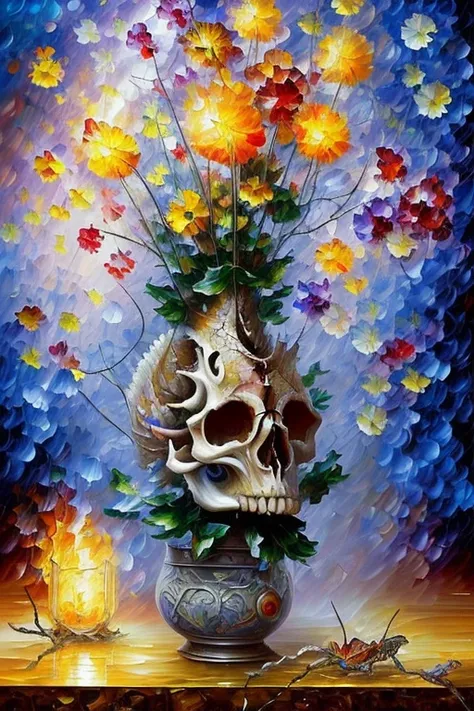 mdjrny-v4 style an oil painting of a flower (dragon skull:1.1) as vase on a table with a white cloth on it and a white tablecloth, (flying moths:1.1), impressionist painting, vivid, painting by (Leonid Afremov:1.2), Patrice Murciano