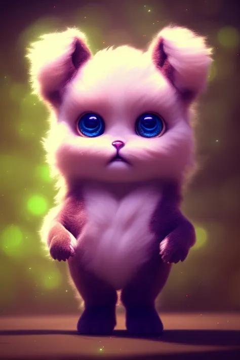 cutest AND softest creature in the world| large doll like eyes| supernatural and otherworldly| highly detailed vibrant fur| magical glowing trails| light dust| aesthetic| cinematic lighting| bokeh effect| mdjrny-v4 style