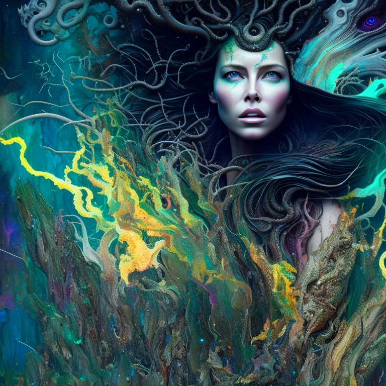 a lithe female Eldritch ancient god in the storm at night, [[Kate Beckinsale]], [Jessica Biel], bone kitsune mask of Eldritch horror, erotic pose, closed eyes, cinematic lighting, by (Daniel Mernagh) (Jean-Michel Basquiat) (Carne Griffiths), highly detailed, detailed face