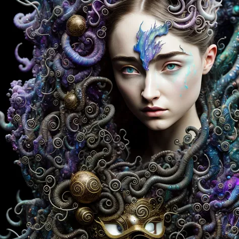 a stern Eldritch ancient god in the storm at night, [[Sophia Anne Caruso]], [Raffey Cassidy], translucent ivory masquerade mask of Eldritch horror, erotic pose, closed eyes, cinematic lighting, (by (Daniel Mernagh) (Carne Griffiths) Monika Nowak), highly detailed, detailed face, covered in black roses