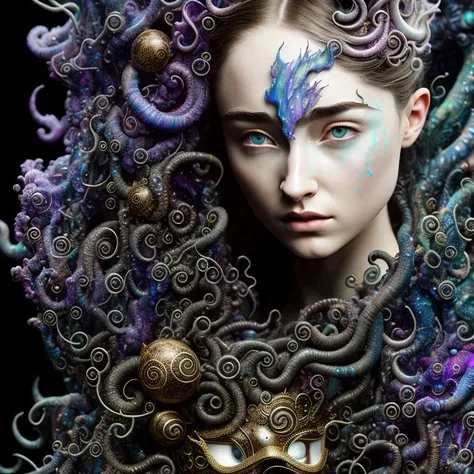 a stern Eldritch ancient god in the storm at night, [[Sophia Anne Caruso]], [Raffey Cassidy], translucent ivory masquerade mask of Eldritch horror, erotic pose, closed eyes, cinematic lighting, (by (Daniel Mernagh) (Carne Griffiths) Monika Nowak), highly detailed, detailed face, covered in black roses
