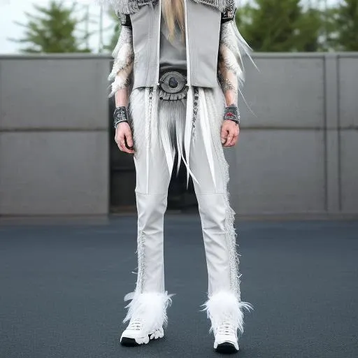 ((light grey long hair, white dreadlocks and feathers)), slender robot warrior in a tattered fantasy biomechanical armor, dark grey hoodie, ((black combat cargo pants)), UHD, highly detailed eyes, black leather coat, intricate, high definition, white skin, black combat boots, dark grey cargo pants