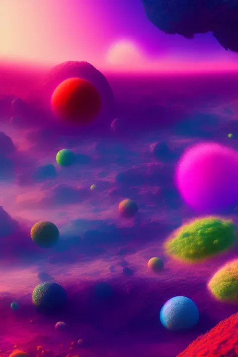 landscape photograph of a unique subatomic world, vibrant colors, octane render, volumetric light, Sony 500A, magical or imaginary world, with microbial life forms