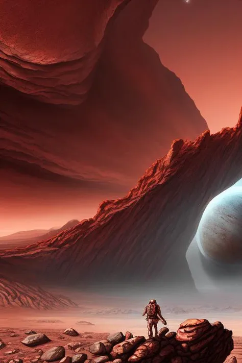 illustration of mars by dan mumford,vast empty rocky landscape, high exposure, vibrant red tinted colors, uhd, highly detailed