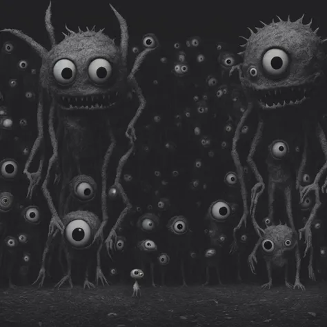 Very cute, realistic grey monster with many eyes standing in the background. complete black, unsettling, wide angle, night time shot on leica.