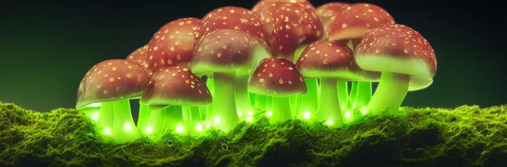 mdjrny-v4 style, science photography, (bioluminescent wild mushrooms), on a mossy log, at night, neon highlights, (intricate details:1.12), hdr, (hyperdetailed:1.15), (hyperrealism, sharp:1.2), best artwork, beautiful composition, trending on artstation, award-winning photograph, masterpiece