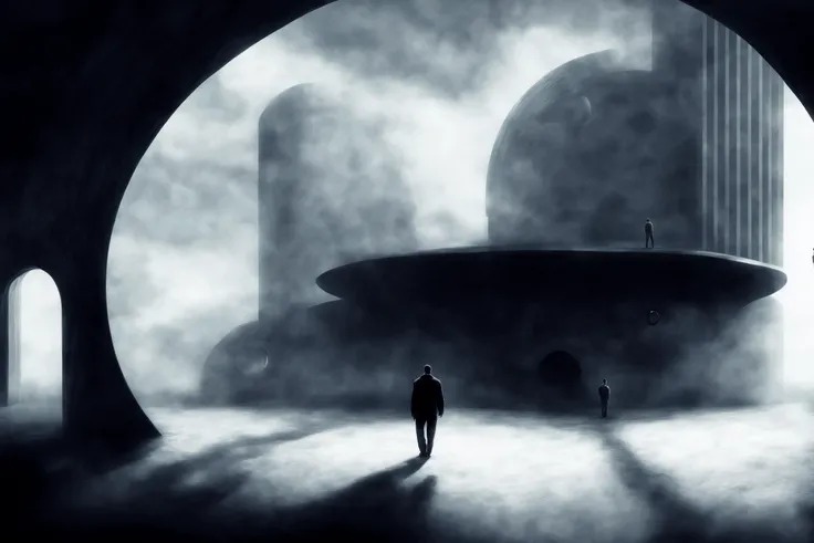 atmosphere lonely , unimaginable world, empty, one small guy, big open space with abstract buildings, circular entrance, archway big circle <lora:more_details:1>