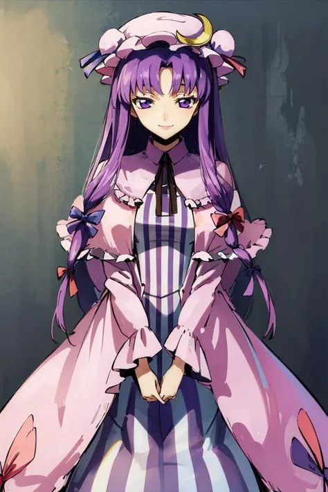 codeGeass <lora:codeGeass_offset:1>,
patchouli knowledge, 1girl, dress, (purple hair, purple eyes:1), long hair, mob cap, crescent hat ornament, ribbon, dress, <lora:patchouli:0.9>, smile,