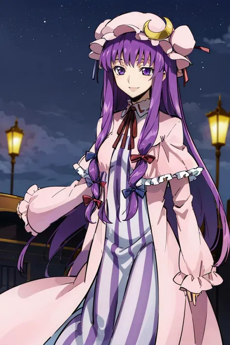 codeGeass <lora:codeGeass_offset:1>,
patchouli knowledge, 1girl, dress, (purple hair, purple eyes:1), long hair, mob cap, crescent hat ornament, ribbon, dress, <lora:patchouli:0.9>, smile,