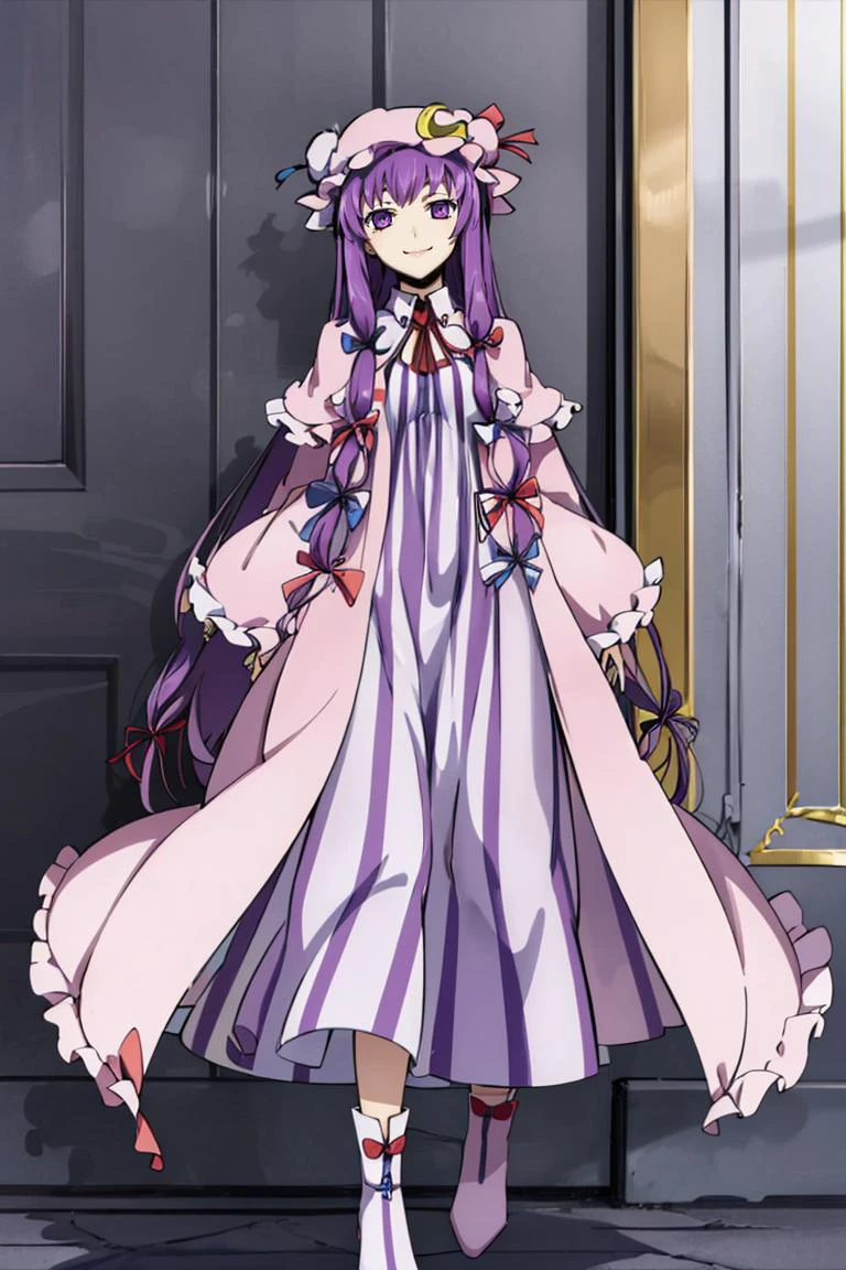 codeGeass <lora:codeGeass_offset:1>,
patchouli knowledge, 1girl, dress, (purple hair, purple eyes:1), long hair, mob cap, crescent hat ornament, ribbon, dress, <lora:patchouli:0.9>, smile,
